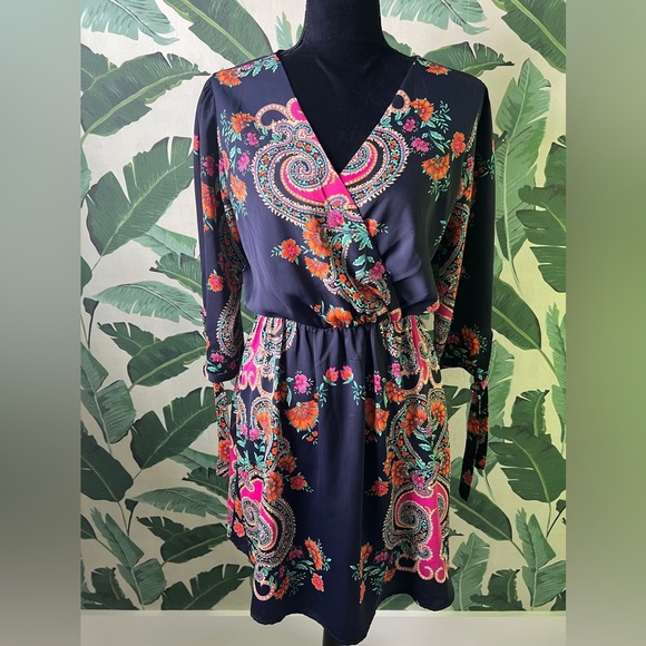 Everly Womens Navy Blue Long Sleeve Floral Paisley Dress Large - Picture 4 of 9